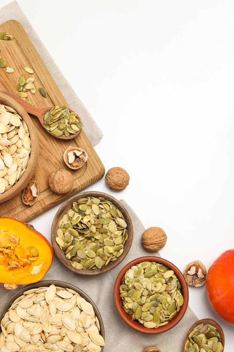 a countertop featuring pumpkin seeds and walnuts