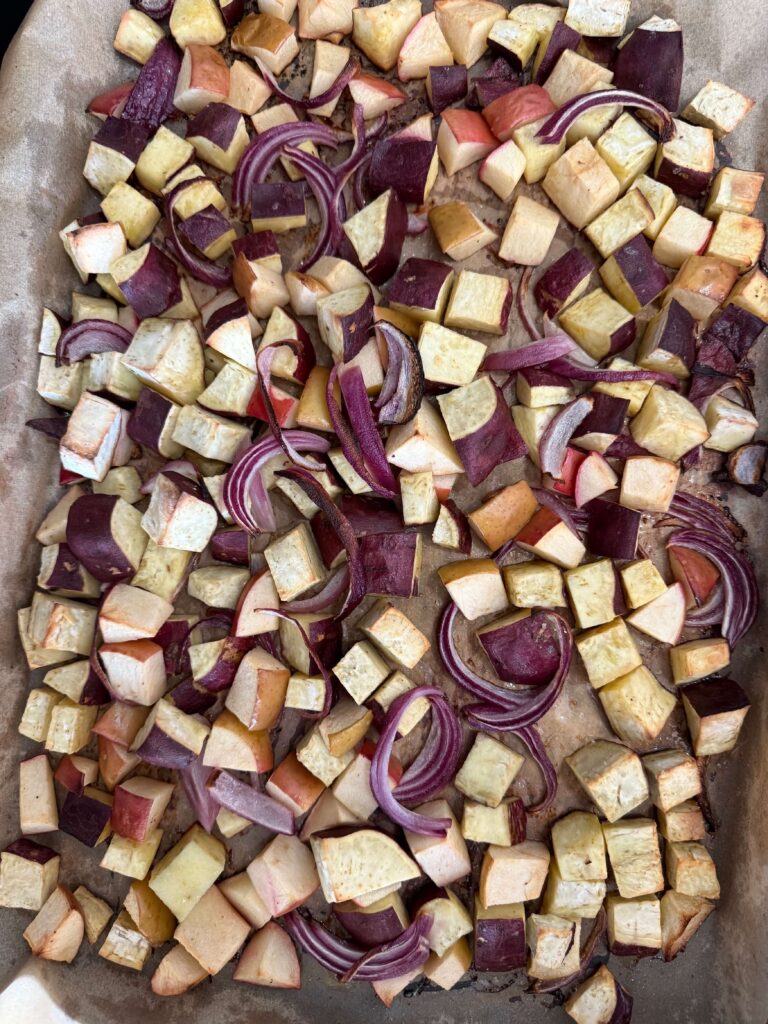 Sweet Potato Apple Hash on a oven pan. 